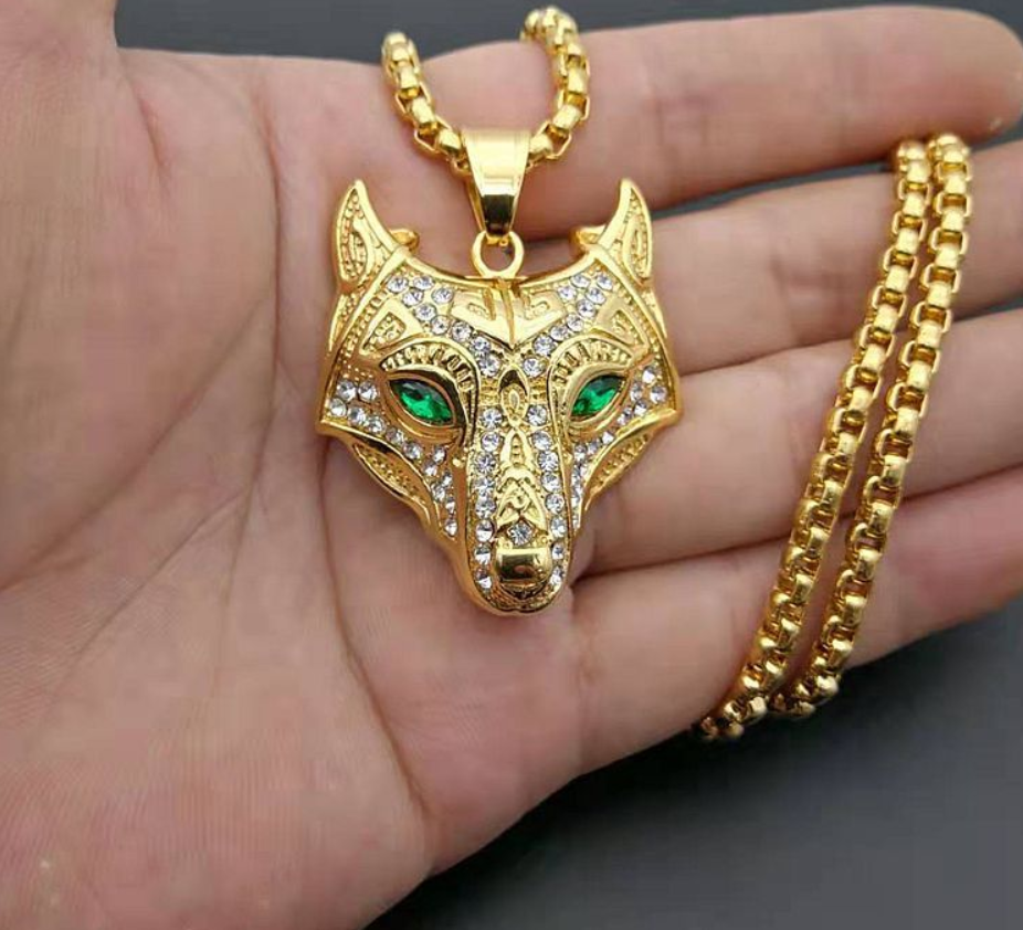 Men Stainless Steel Necklace Gold Color Viking Wolf Head Necklace Pendant