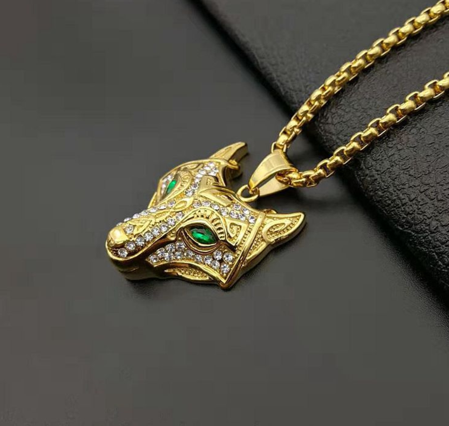 Men Stainless Steel Necklace Gold Color Viking Wolf Head Necklace Pendant